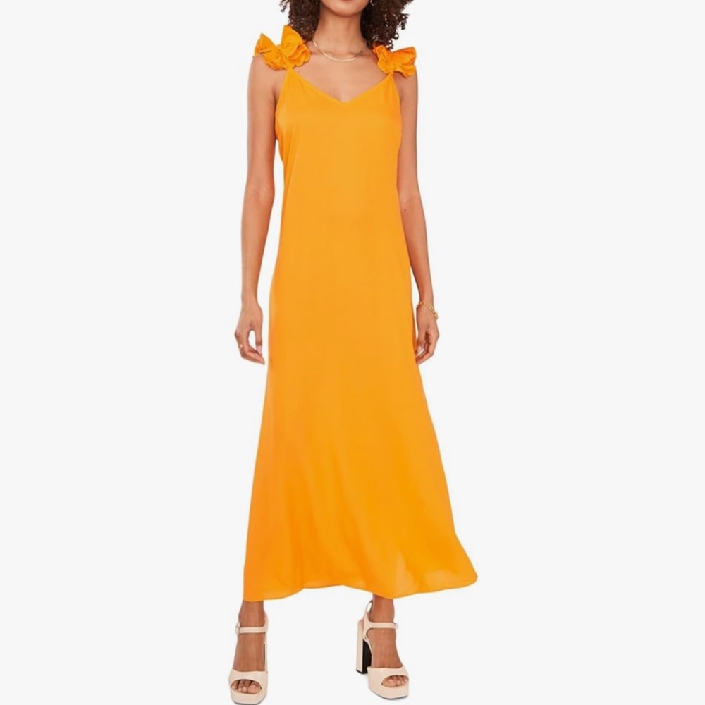 VINCE CAMUTO Women Ruffled Shoulder Maxi Dress, Orange/Papaya, Size XS, NEW